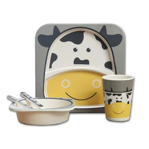 2019 Best Selling 5pcs Cute Animal Design Children rectangle Tableware Set Bamboo Fiber Kid Dinnerware Plate Set