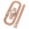 20mm Gold Plated Iced Out Miami Cuban Link Chain Necklace Bracelet Watch Bling Jewelry Set