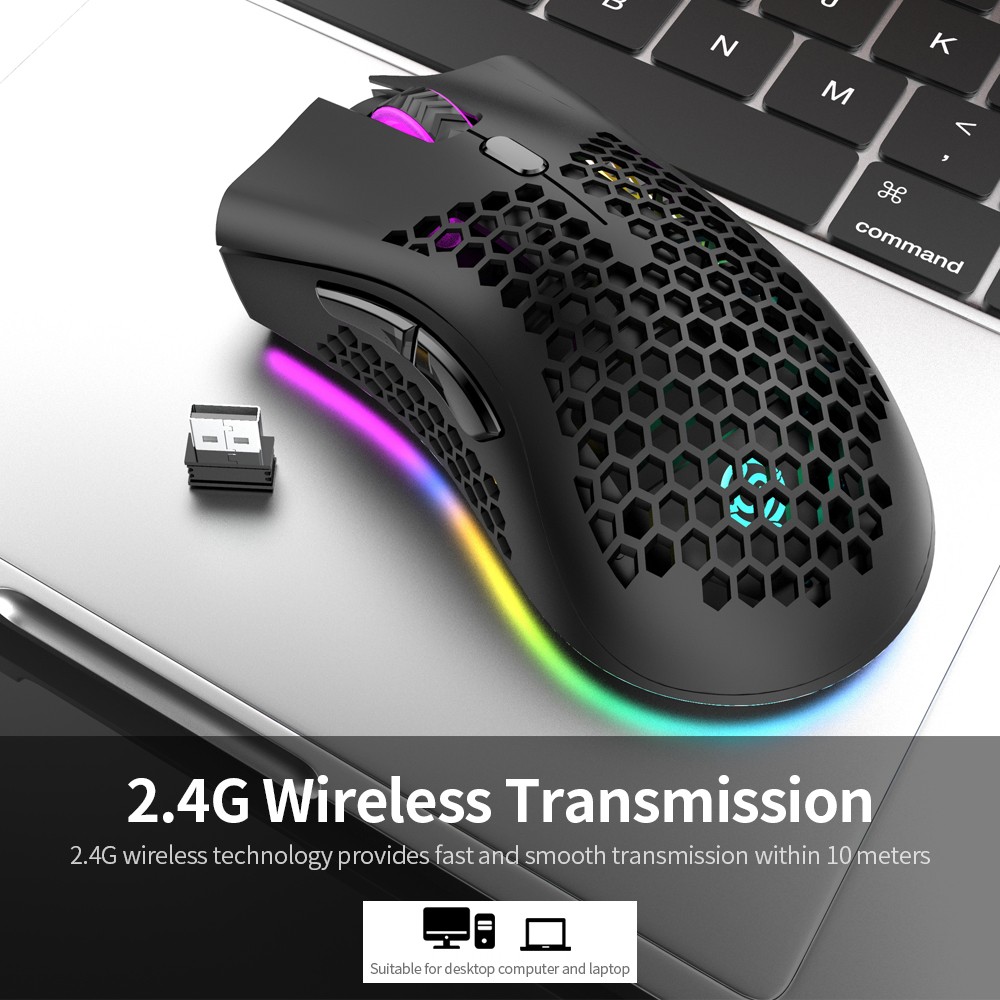 2.4G Wireless Gaming Mouse Rechargeable Mouse with RGB Light Effect 3 Adjustable DPI Hollowed-out Honeycomb Shell Gamer Mice