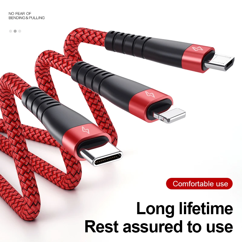 3C1B 3 In 1 Mobile Cell Smart Phone Charger Usb Charging Fast Cable Nylon Braided Flexible Cable 3A For Iphone/Samsung