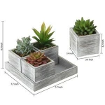 4 Artificial Succulent Plants In Rustic Wood Planter Pots With 8-inch Tray