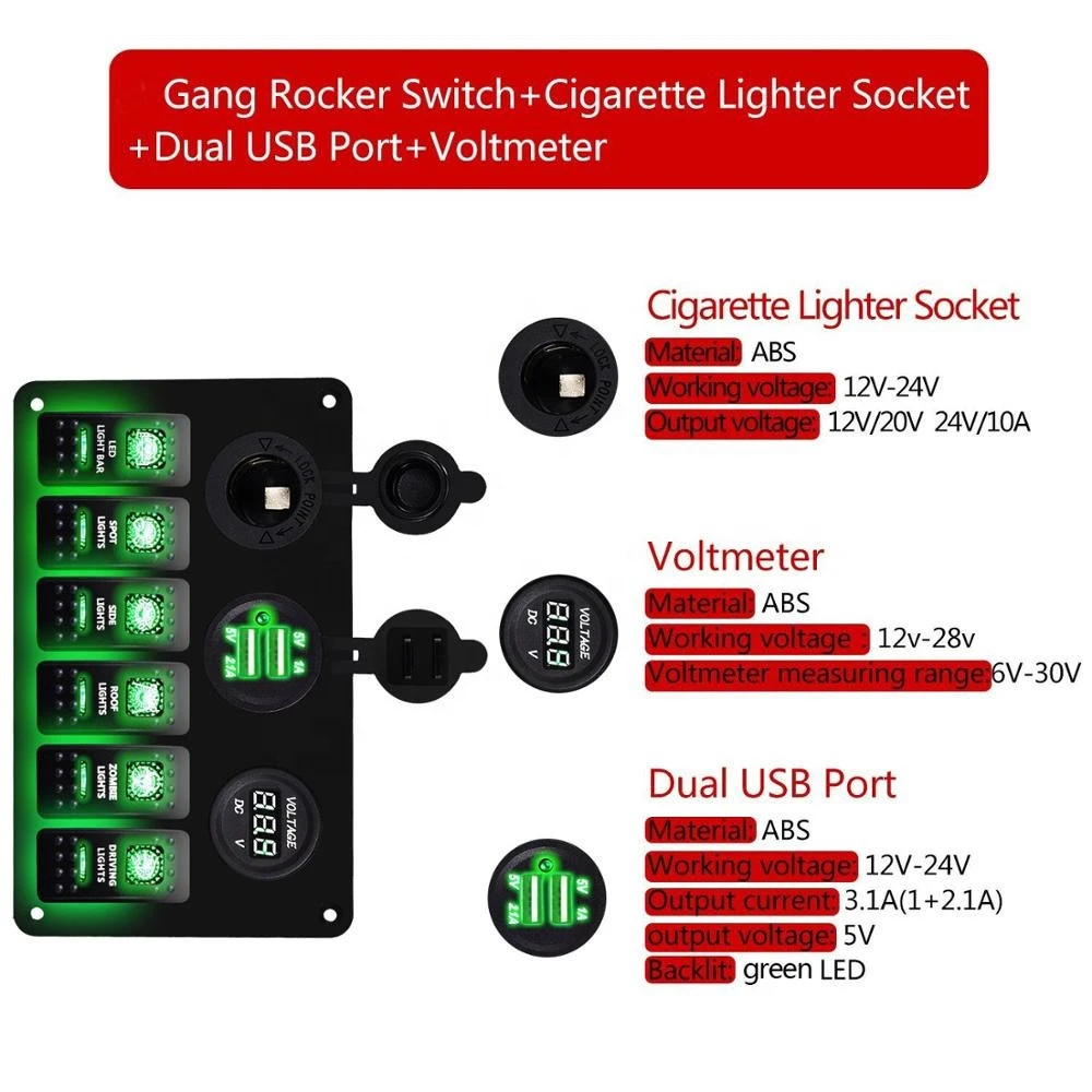 5 Pin  6 Gang Car Marine Boat Circuit RV LED Toggle Rocker Switch Panel Breaker Voltmeter with Fuse Double USB for RV Car Boat