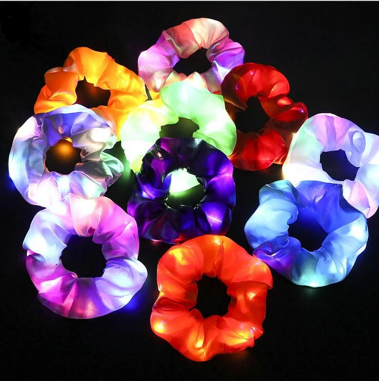 Amazon hot sale LED bright flash color satin fabric bling bling hair scrunchies hair tie hair bands