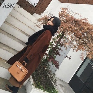 ASM ANNA 2019 New Winter Handmade Overcoat Ladies Belt Lapel Woolen Coat Double-sided Women Parka Coat
