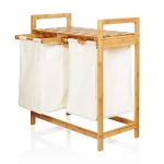 Bamboo double laundry hamper two-Section laundry basket with shelf