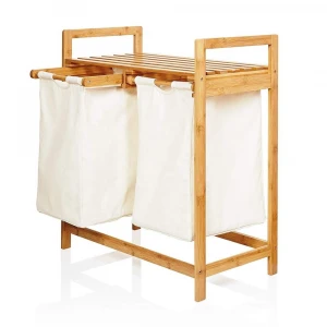 Bamboo double laundry hamper two-Section laundry basket with shelf