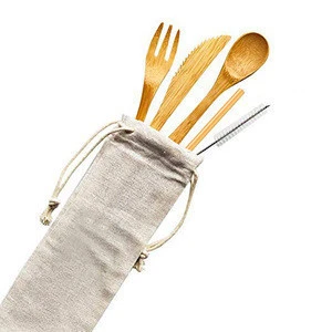 Bamboo Wooden Flatware Set of 5-piece Tableware with Pouch for Camping Travel Picnic Office or Home Fork Spoon Chopsticks