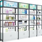 Beautiful multi-layers salon products showcase with light box, skin care cosmetics display  and storage shelf with cabinet