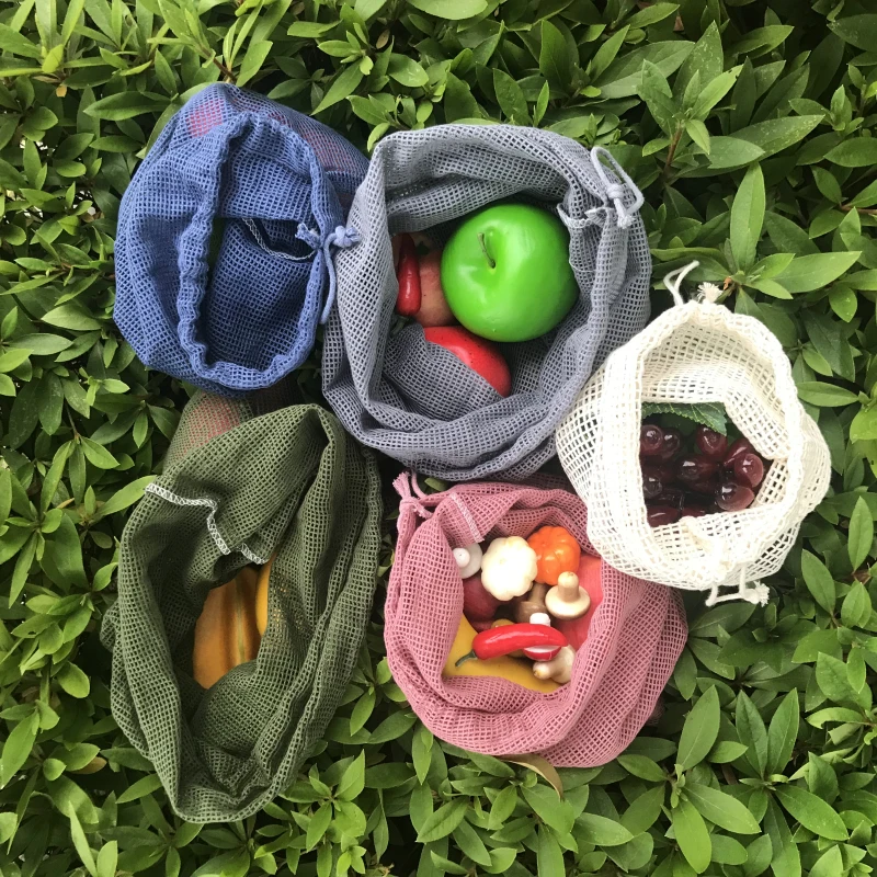 Biodegradable Reusable Organic Cotton Vegetable Bags cotton mesh produce bag with printed patch