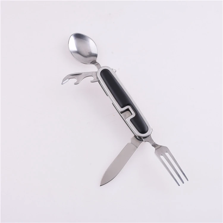 Black 5 In 1 Spoon Fork Bottle Opener Portable Tool Safety Survival Tool Kit Kitchen Folding  Outdoor Hiking Camping Multi Tools