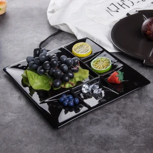 black matt porcelain plates 6 sections divided dinner serving tray hotel restaurant round square ceramic compartment plate