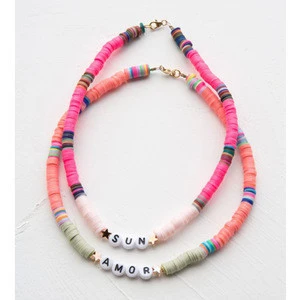 Bohemian Light Pink and Light Blue Heishi Beads Necklace