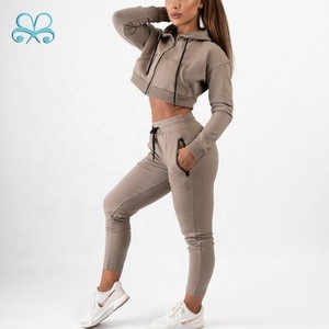 Boxin women sportswear gym running clothing Khaki plain jogger suits fitness blank tracksuit