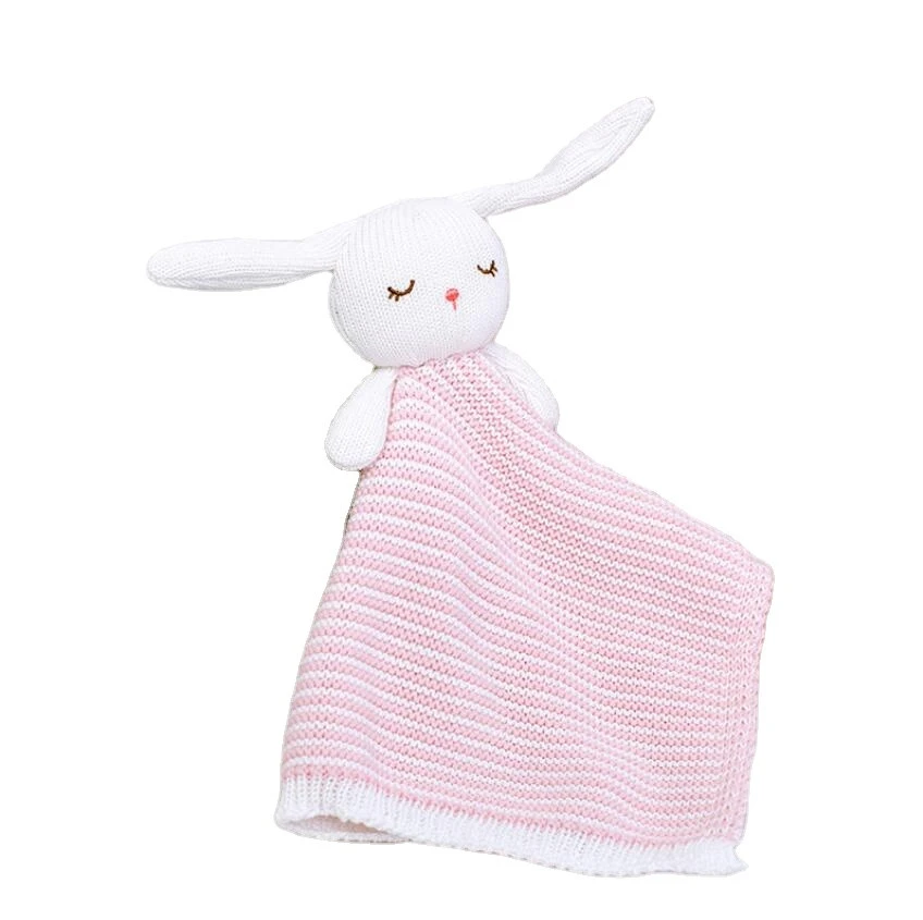 BSCI Factory DouDou Infant 100%cotton hand-knitted bunny shaped baby appease towel small blanket large size