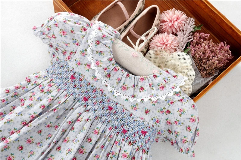 C5237 summer smocked childrens clothing infant flower little baby girls dresses smocked dress floral embroidery kids clothing