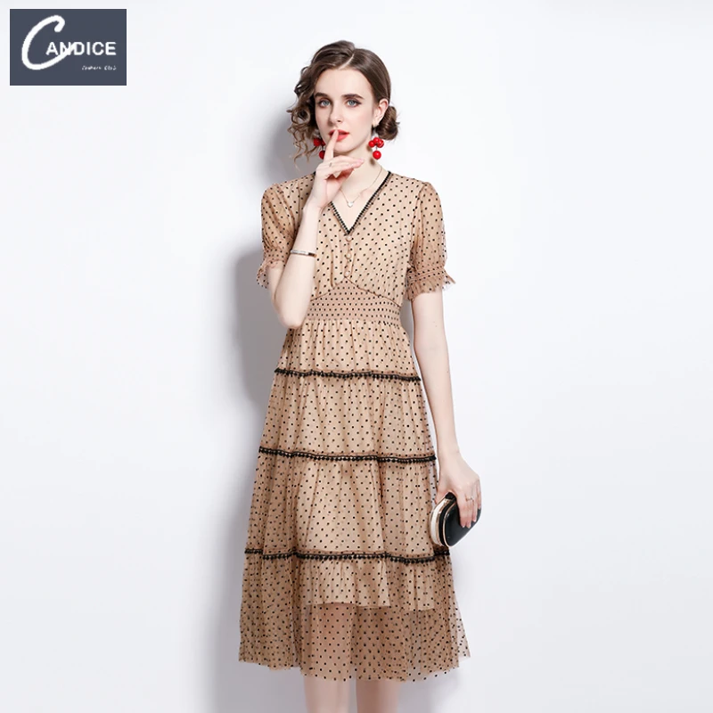 Candice factory supplier retro puff sleeve polka-dot velvet lace waist party a line casual v neck mesh midi dress elegant