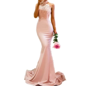 custom Pink Lace Top Summer Sexy Halter Gown maxi bodycon Wedding Dress with Net Lace Trail