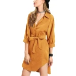 Custom Women Spring Fall Three Quarter Sleeve High Low Curved Hem Shirt Dress with Belt