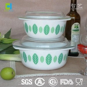 Decal Printing Milk Glass Dishwasher Safe 3pcs Opal Casserole with Clear Lid