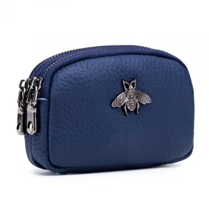 Double Zipper Mini Wallet Genuine Leather Coin Purse With Metal Bee Charms For Mom Birthday Gifts