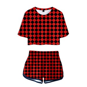 Ecowalson  Demon Slayer Kamado Outfits for Women 2 Pieces Costume Crop T-Shirts and Short Pants Sets