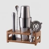 Factory Direct 800ml stainless steel boston bartender cocktail shaker bar tools set with bamboo wood stand