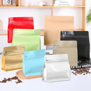 Factory Supply Matte Finished Flat Bottom Pouch for Coffee Bean Side Zipper Packaging Bags Compostable Coffee Bag with Valve