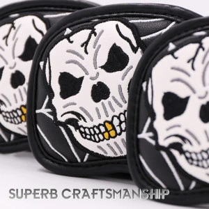 Factory Wholesale High Quality Golf Club Head Iron Cover Skull Design Black PU Leather Headcover