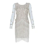fashion luxury floral beadings long sleeve womens celebrity evening bandage homecoming bodycon tassels  party dress