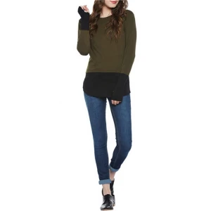Fashion Round Neck With Thumbhole Long Sleeves Splicing Contrast Color T Shirt Women