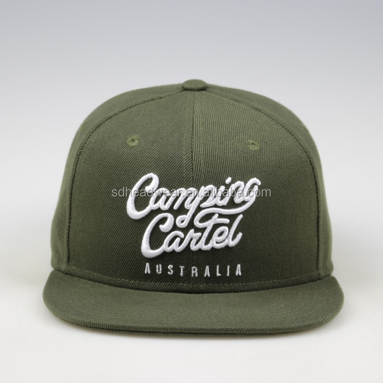 Flat bill 6 panel army green custom cap and hat with embroidery logo