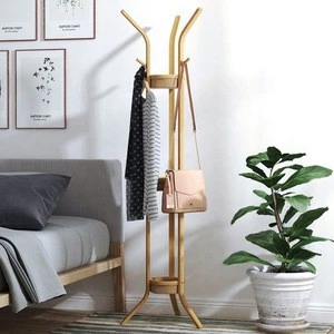 Floor Free Standing Bamboo Hat Coat Rack Hanger Stand with 3 Shelves