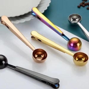 Food grade stainless steel brass gold black measuring spoon scoop with bag sealing clip for tea coffee bean