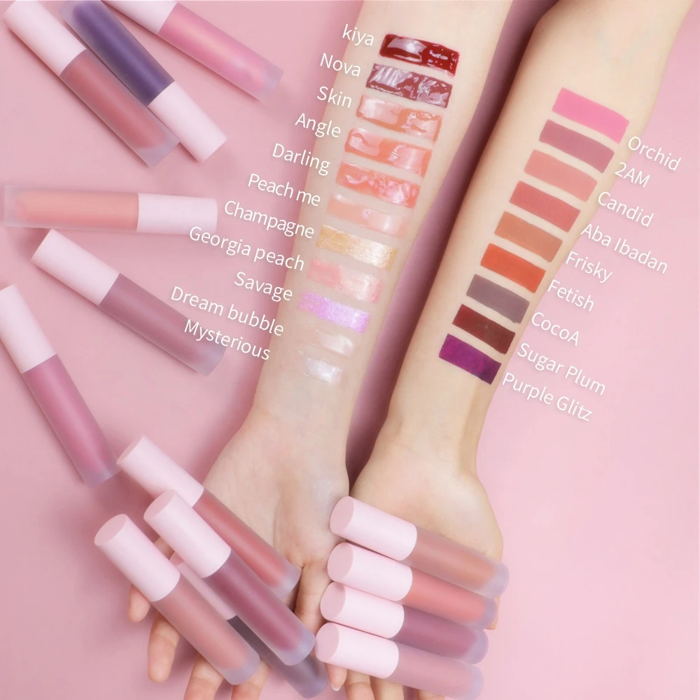 Girly pink nude cosmetics glitter matte vegan organic custom lip gloss
