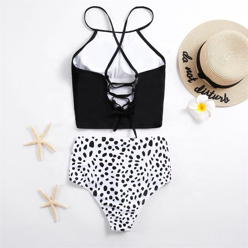Good quality black + white dot high waist summer conservative beachwear teen bikini swimwear 2020 swimsuit for women