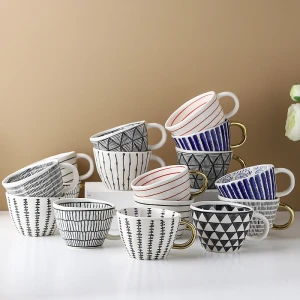 High quality daily uses north-europe style multi-patterned coffee cup with gold handle