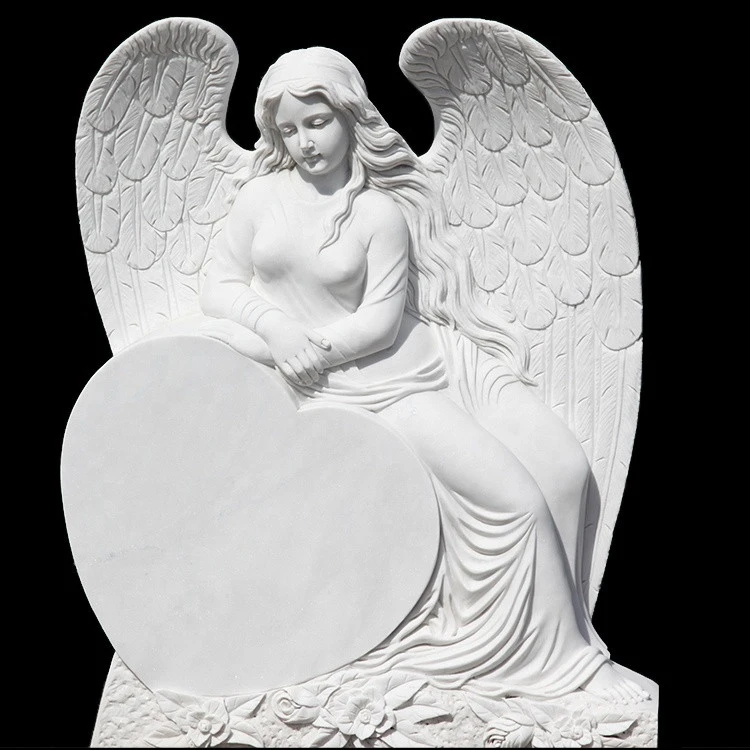 Holding heart weeping angel white granite tombstone
