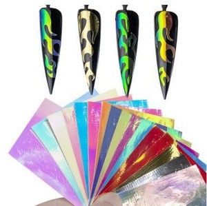 hot sale adhesive Laser Holographic Fire Flame Finger Nail Art Sticker for Nail Decorations 16pcs/set