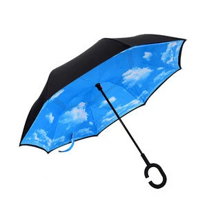Hot Sale Cheap C Handle Double Layer Inverted Umbrella Customized Logo Printed Reverse Umbrella