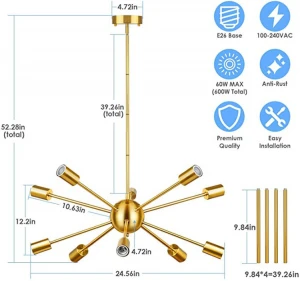 Hot Selling Luxury Gold pendant Chandeliers 10-Head Led Lights Modern Chandeliers for home decor