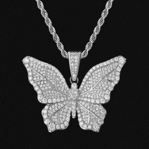 KRKC Small White Gold Plated Crystal Butterfly Necklace Pendant Charm Jewelry Pave Iced Out CZ Cubic Diamond Butterfly Pendant