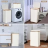 large capacity custom bathroom 3 compartments toy storage canvas collapsible bamboo wooden folding laundry basket with lid