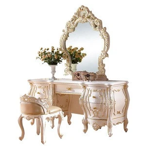Luxury Classic Hand Carved Wooden Dresser European Style Dressing Table Set Antique Makeup Stools