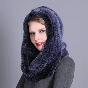 Model TPY09 Winter Womens Knitted Real Rabbit Fur Hooded Scarf