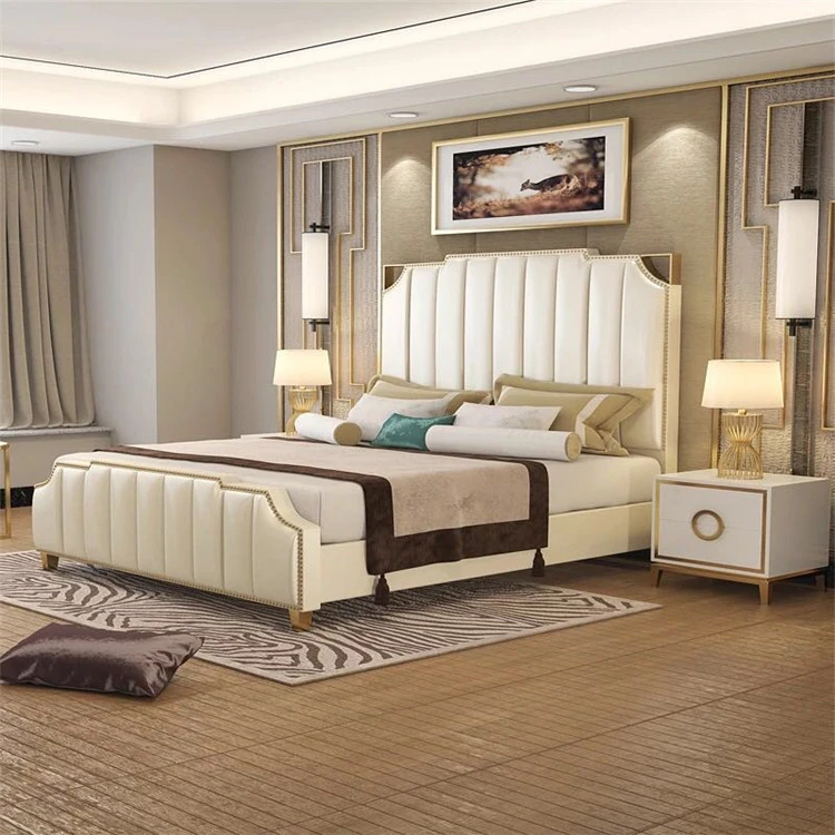 Modern simple high quality villa apartment bedroom furniture stainless steel  leather  soft bed design