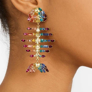 New Colorful Rhinestone Fish-shaped Earrings Exaggerated Big Alloy Fish Bone Dangler Women Fashion Personality Drop Earrings
