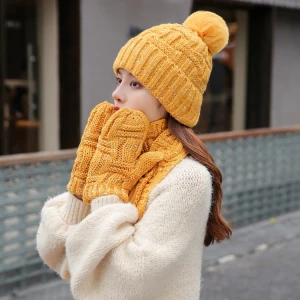 New Fashion Beanies Mittens Set Twist Striped Knit Hat Glove Winter Women Warm Thick Beanies Knitted Scarf Hat Gloves Set