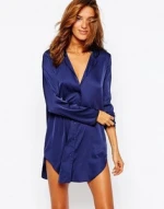 OEM Women Fashion Oversized High Shine Satin Nightshirt Long Sleeve Soft-touch satin V-neckline Sleepwear Nightshirts