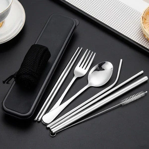 P622 Portable Cutlery Set For Outdoor Travel Picnic Dinnerware Set Metal Straw With Box Stainless Steel Flatware Set