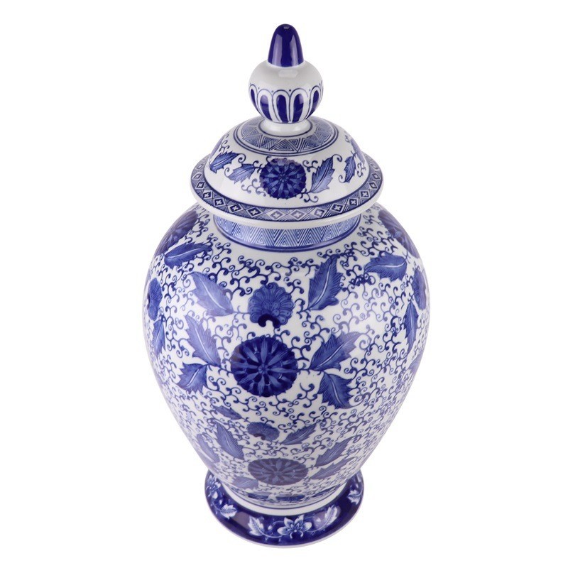 Porcelain Blue and White Ceramic Pot Twisted Flower Leaf Design Temple Lidded Ginger Jars Pot